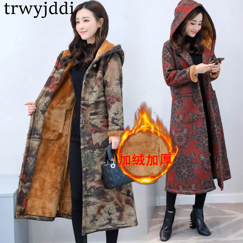

2019 Chinese style Plus Velvet Women's Long section Cotton Padded Coat National wind Winter Warm Hooded Cotton Jacket N162