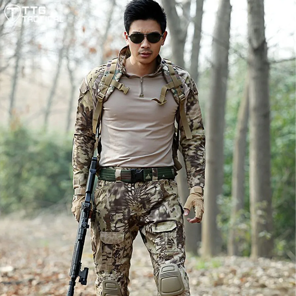 

Breathable Python Pattern Army Military Uniform Tactical Combat Frog Suit With Knee Pads Multicam Training Camouflage Suit