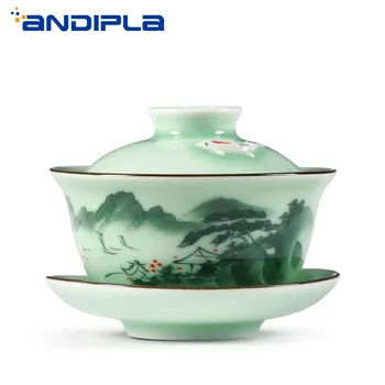 

170ml Celadon Gaiwan Hand Painted Landscape Pattern Tea Tureen Ceramic Kung Fu Tea Set Tea Ceremony Accessories Master Teacup