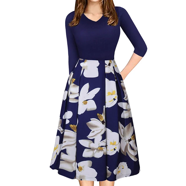 Fashion Three Quarter Dress Women Clothes Spring Casual Dress Floral ...