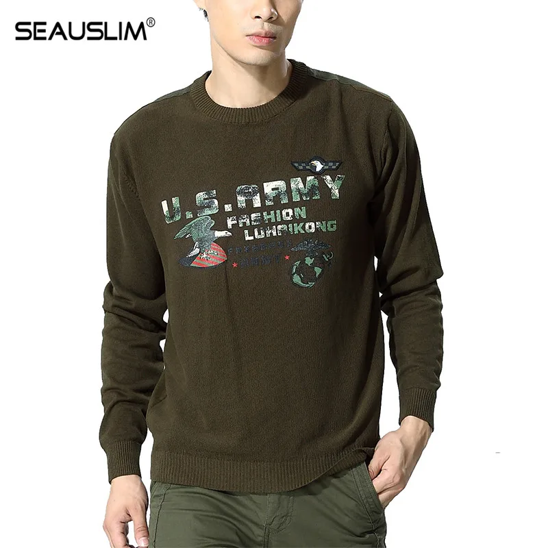 SEAUSLIM Military Mens Sweater Casual Army Cotton Pullovers Long Sleeve ...
