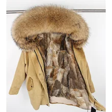 Зимняя куртка с подкладкой из натурального кроличьего меха, Женская парка, меховое пальто, вельвет, воротник из натурального меха енота, теплые длинные парки
