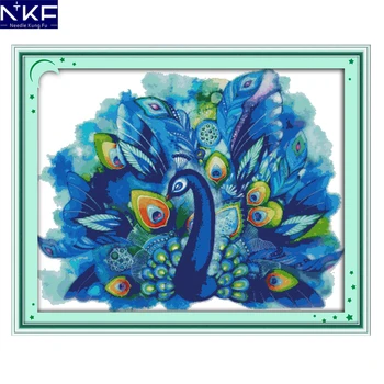 

NKF Blue Peacock Cross Stitch Pattern Handmade Craft Needlework Embroidery Kit Animal Cross Stitching Set for Home Decor