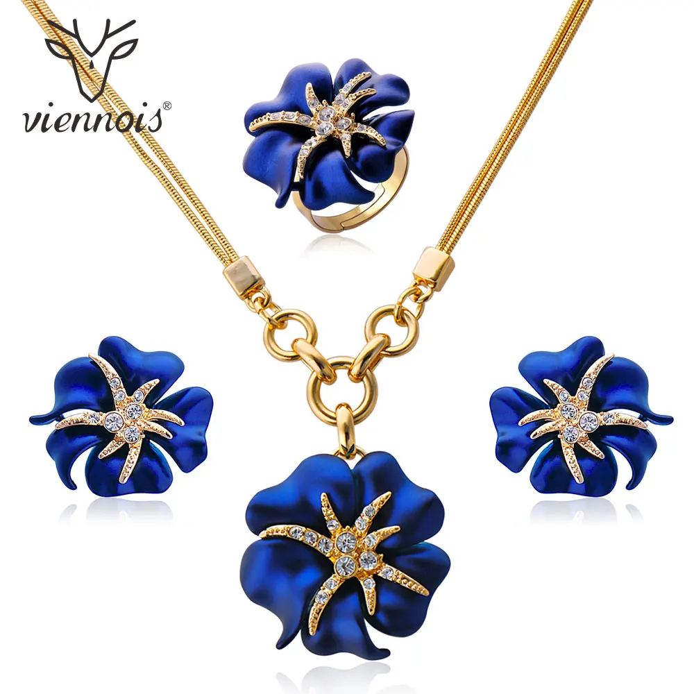 

Veinnois Rhinestone Blue/Red Flower Necklace Earring And Adjustable Rings Set for Women Elegant Pendants Fashion Jewelry