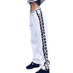 Черный Белый боковой кнопки на шнуровке Штаны женщин высокой талии свободные штаны-шаровары повседневные в стиле хип-хоп панк Брюки Дамы