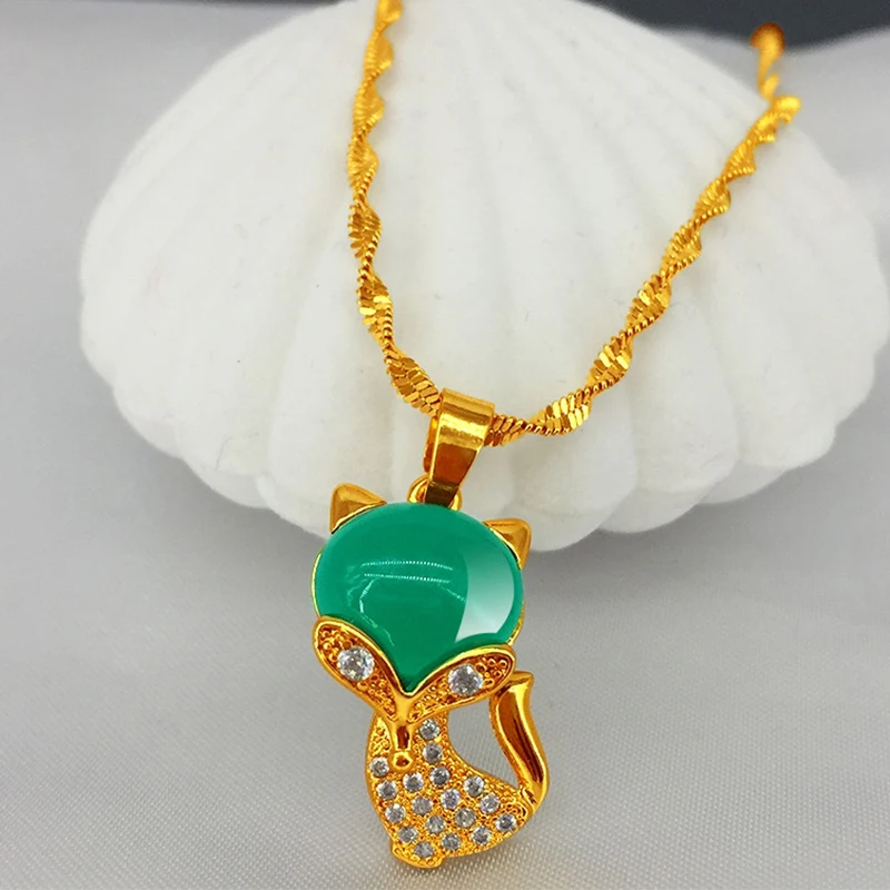 

Vietnam Alluvial Gold Fashion Jewelry Wedding Green Crystal Fox Pendant Necklace for Women Wholesale