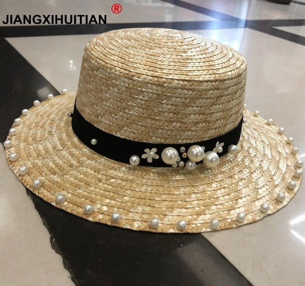 Wide Brim Pearls Straw Hat For Women Flat Top Summer Sun Hats For Women
