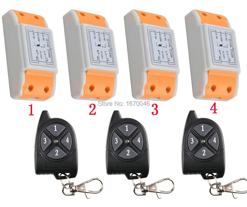 

AC220V 1CH 10A RF Wireless Remote Control Switch System 433 MHZ 3 transmitter & 4 receiver relay Receiver Smart Home Switch