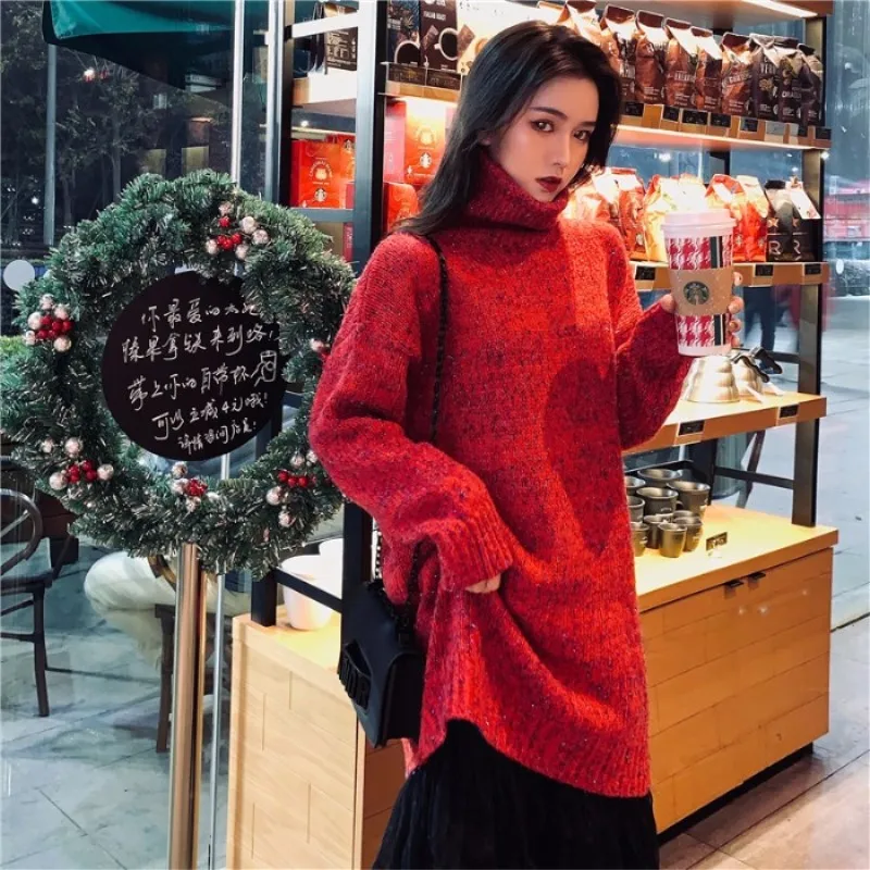 Sweater autumn and winter women's new fashion wild red turtleneck sweater female loose hood long sweater tops Sweater autumn and winter women's new fashion wild red turtleneck sweater female loose hood long sweater tops