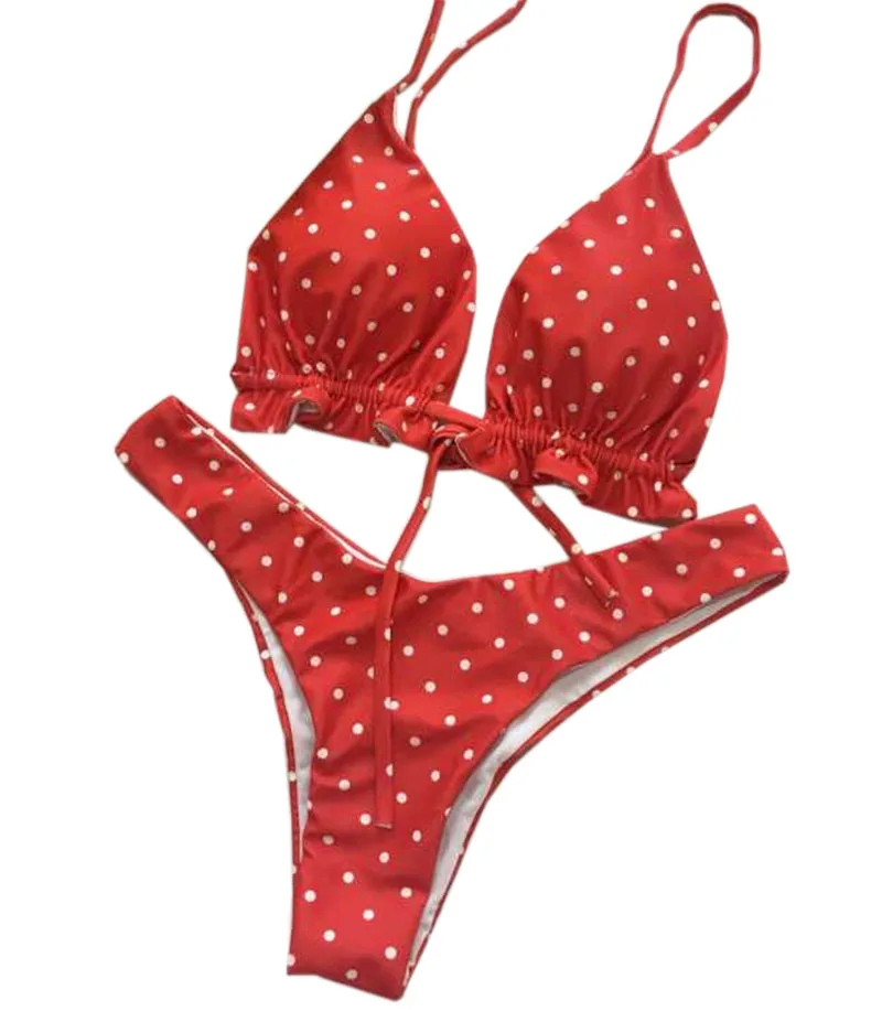 2018 Polka Dot Thong Bikini Twist Spotted String Set High Cut Swimwear Women Swimsuit Push Up Bandage Bathing Suit |