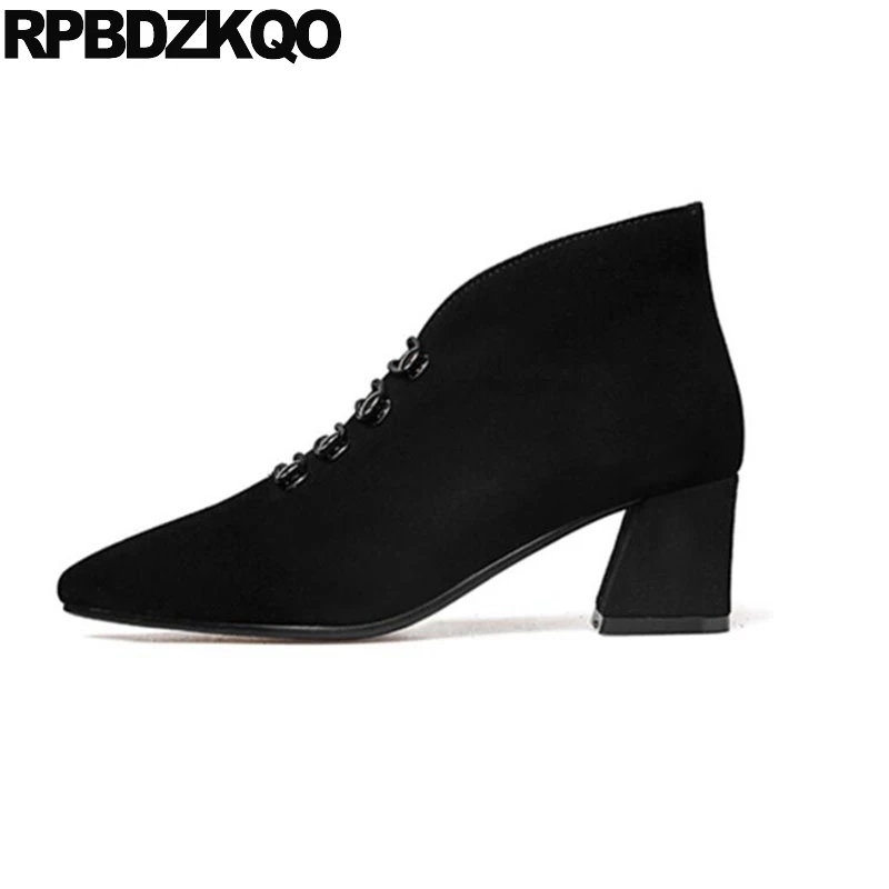 

ladies chunky booties sheepskin pointed toe genuine leather 10 big size 2018 shoes suede black women ankle boots medium heel new