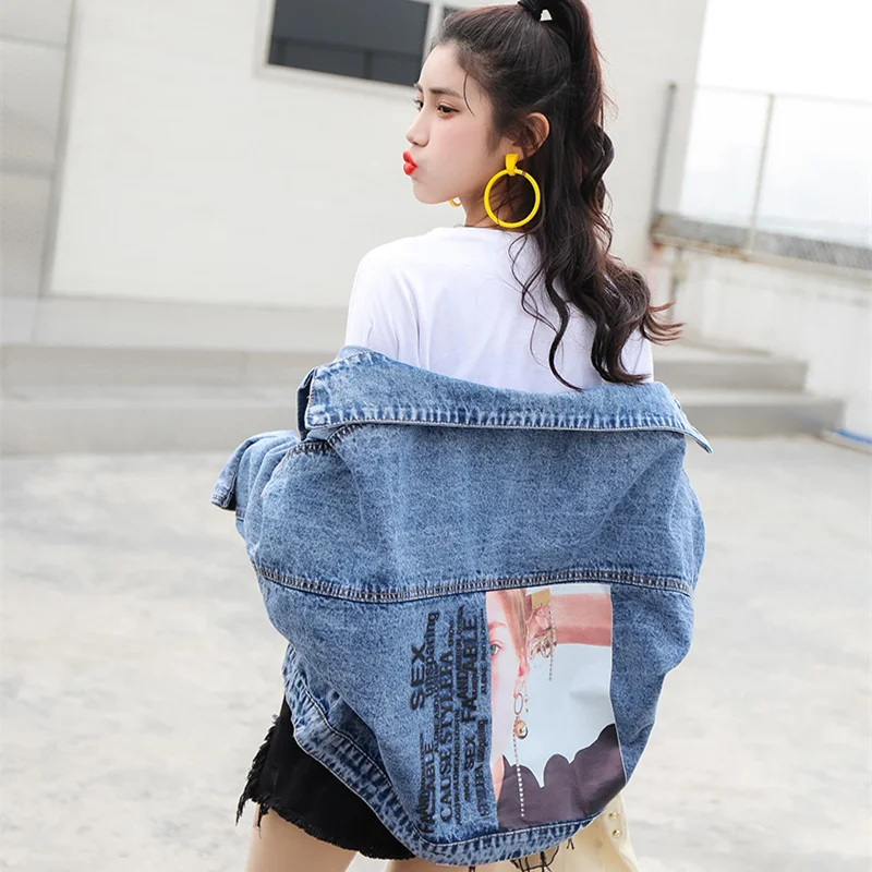 

Streetwear Jeans Jacket Women 2019 Spring Autumn Korean Fashion Printed Pattern Denim Jacket Coat Blue jaqueta feminina C226