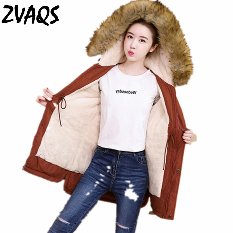 

ZVAQS 2018 New Winter Feamle Coat Plus Cashmere Thickened Hat Cotton Coat Long Section Fur Collar Slim Jacket Caramel ColorLD014