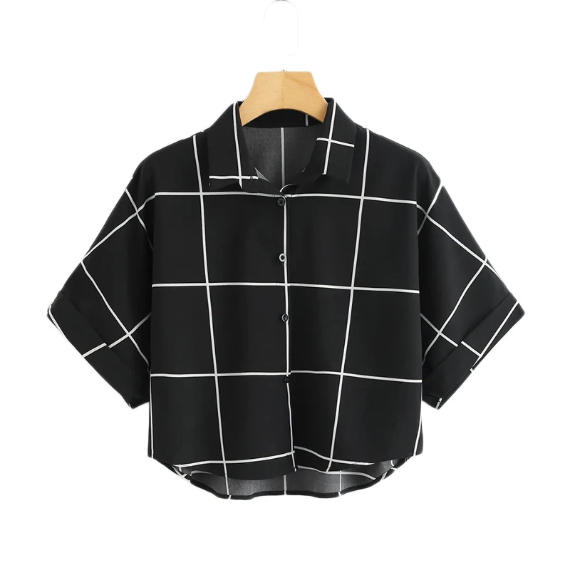 Dotfashion черно-белая рубашка в клетку с манжетами на рукавах летняя повседневная одежда с рукавами летучая мышь с планкой женская одежда топы и блузки