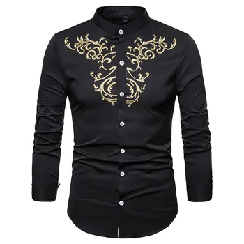 

Stand Collar Mens Dress Shirts 2019 Brand Gold Flower Embroidery Chemise Homme Casual Button Down Long Sleeve Slim Fit Men Shirt