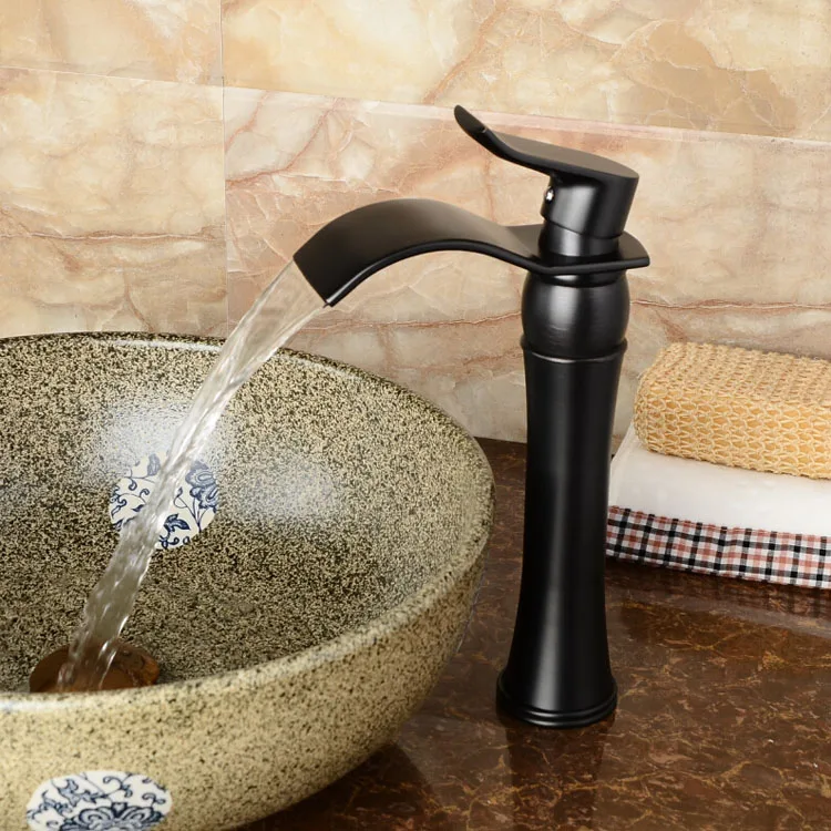 Single Handle Oil Rubbed Bronze Waterfall Spout Bathroom Vessel Sink Faucet Deck Mount Basin Mixer Taps