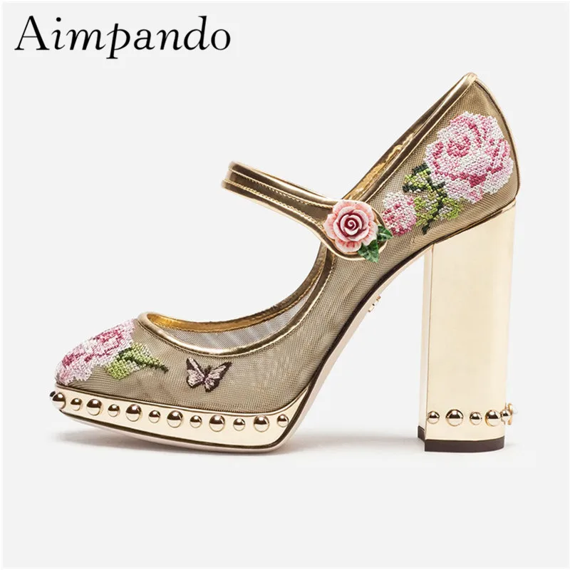 

New 2019 Platform Mesh Air Gladiator Pumps Women Rivet Chunky Heel Belt Embroidery Lady Shoes Wedding Shoes Woman
