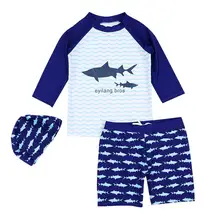 Детский купальник для мальчиков, топы с короткими рукавами с принтом акулы+ шорты+ шапочка для плавания, солнцезащитные купальники, купальные костюмы