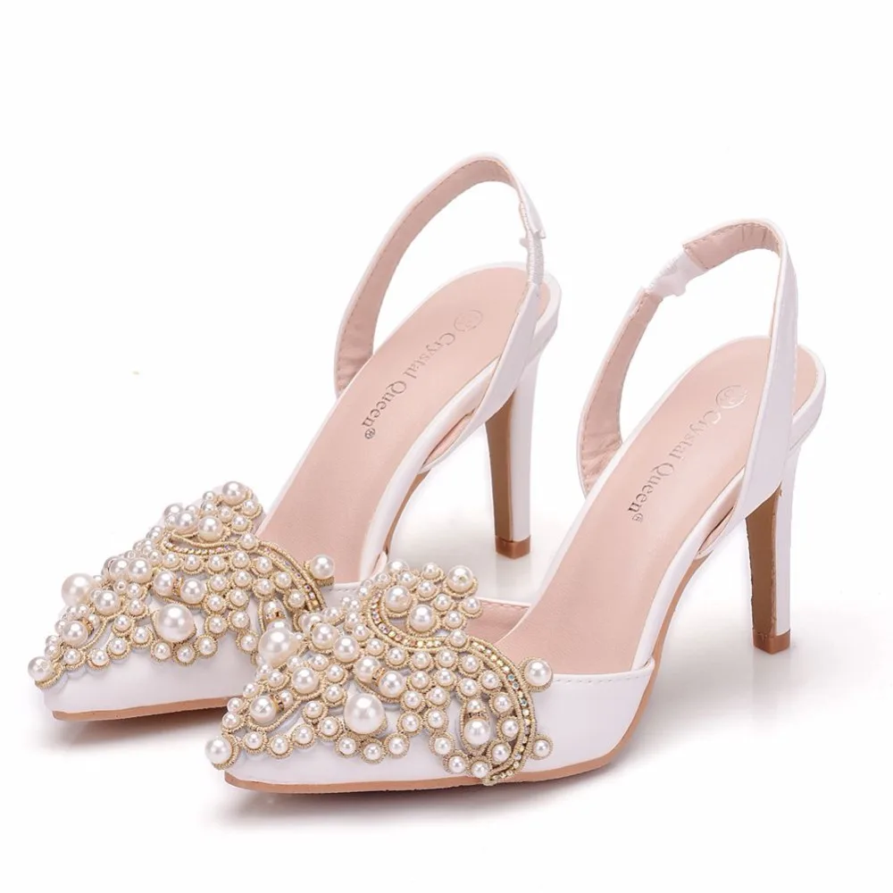 Женские туфли-лодочки с кристаллами «Королева»; элегантные туфли на высоком каблуке 10 см с кружевом и жемчугом; пикантные туфли с острым носком на пятке; свадебные вечерние туфли