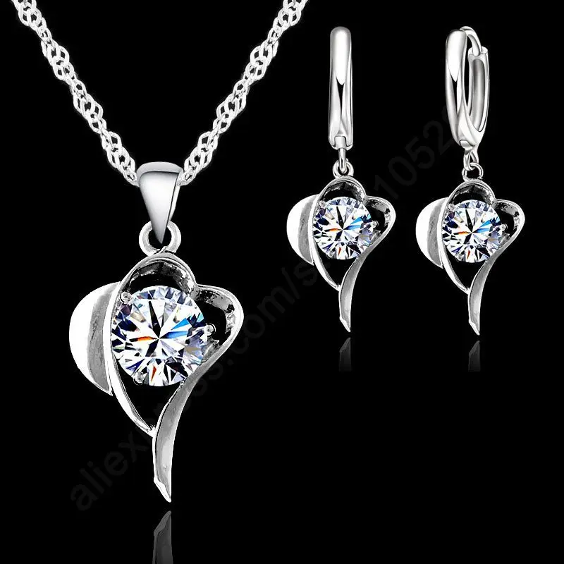 

Romantic Fashion CZ Jewelry Sets Pure 925 Sterling Silver Cubic Zircon Heart Shaped Pendant Necklace Hoop Earrings Set