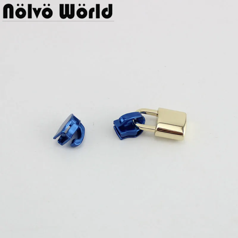 

10 pieces IP Blue Tone,5# Nylon Coil With Light Gold Lock Slider,Custom manufactured 5# Plastic Zip Pull