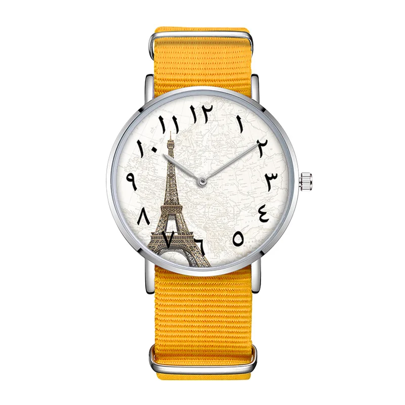 

8SEASONS Multicolor Canvas Watchband Eiffel Tower Plate Quartz Wrist Watches Women Men Watch Clock Fashion Jewelry, 1 Piece