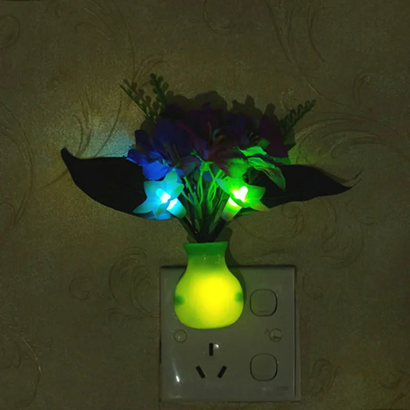 1Pc EU Plug Flower Night Light Home Colorful Violet Flower Vase LED