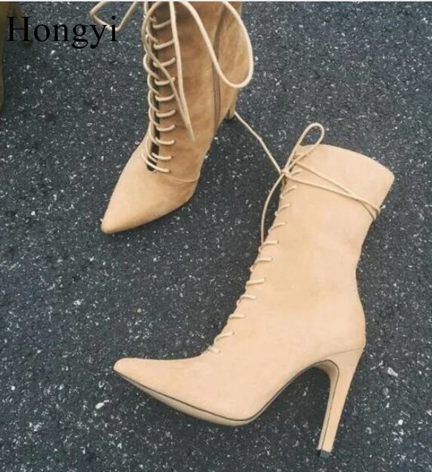 Hongyi new fashion hot selling lace-up mid-calf boots 2017 sexy pointed toe high heel boots celebrity runway gladiator boots Women's Shoes