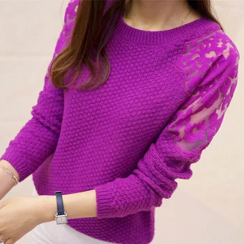 

2017 new winter sweet Korean Ladies lace cuff slim slim turtleneck sweater knit female backing