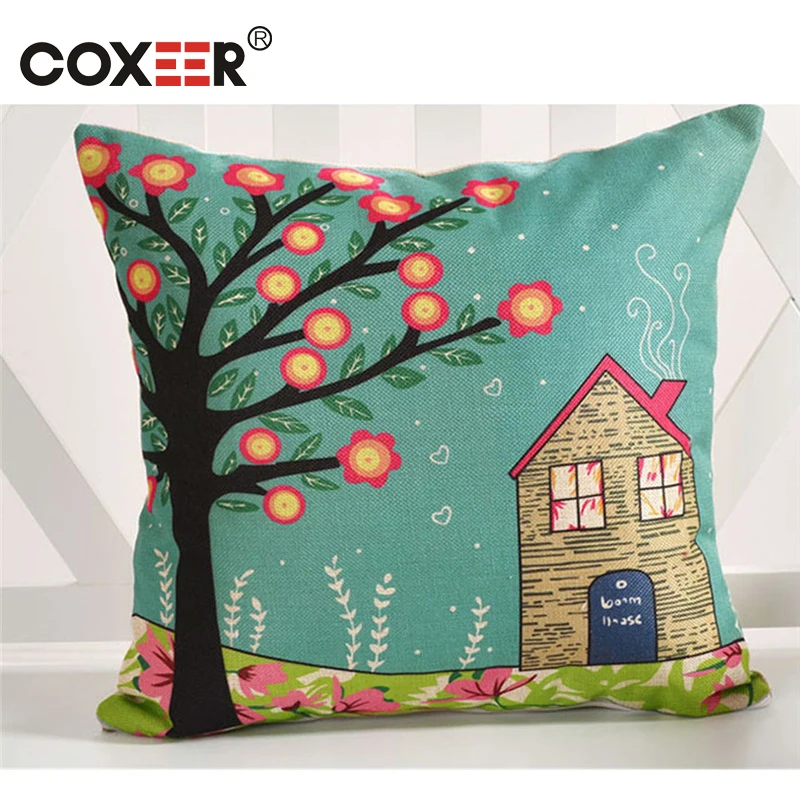 

coxeer Cartoon Pillow Cover Cat Elk Tree Printed Cushion Cover Linen 45x45cm Square Pillow Cover Cojines Decorativos Para Sofa