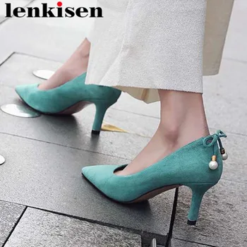 

2019 supertars elegant lady high stiletto heels classic square toe comfortable genuine leather slip on bowtie pearls pumps L31