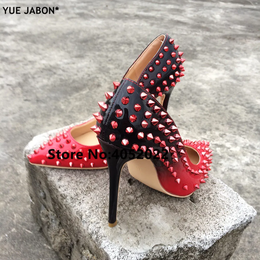 YUE JABON/новая обувь Туфли-лодочки на шпильке красного цвета из лакированной кожи женские туфли на тонком высоком каблуке с заклепками вечерние модельные туфли