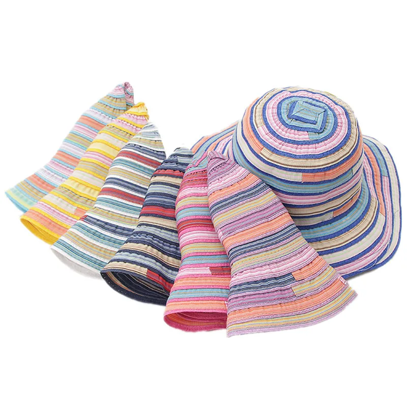 Women Hat Female Large Brimmed Summer Folding Sun Hat Rainbow Striped Cap Fashion Outdoor Sunscreen Beach Holiday Resort Hat