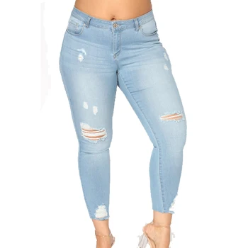 

7Xl Plus Size Jeans For Women Solid Wash Skinny Jeans Woman High Waist ripped jeans Destroyed Knee stretch Denim Pants big size