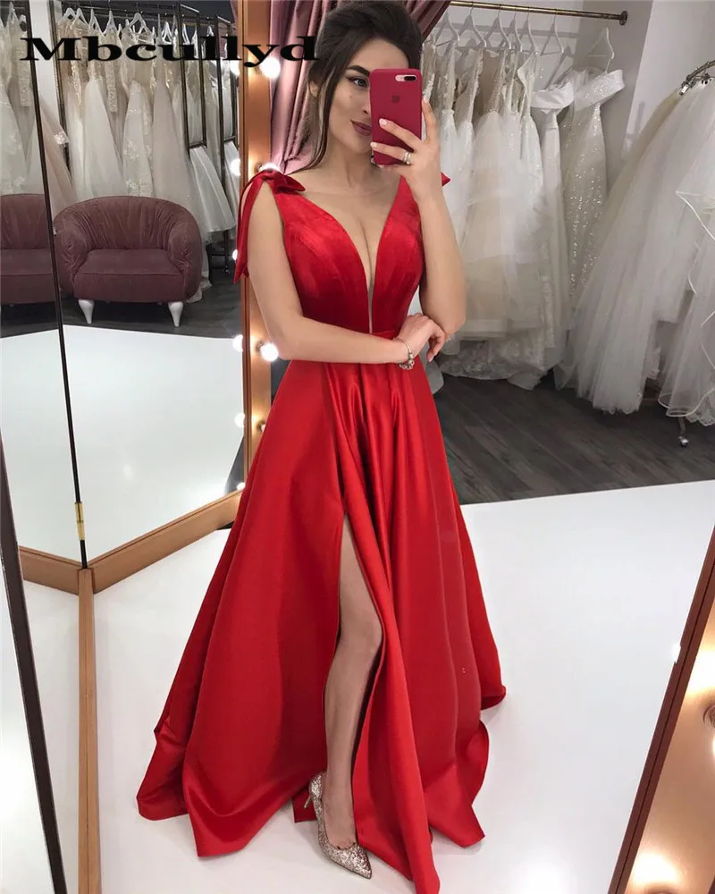 

Красное Атласное Платье Mbcullyd А-силуэта для выпускного вечера с Разрезом Длинное 2023 сексуальное официальное платье с открытой спиной длиной до пола Вечерние платья Вечернее платье