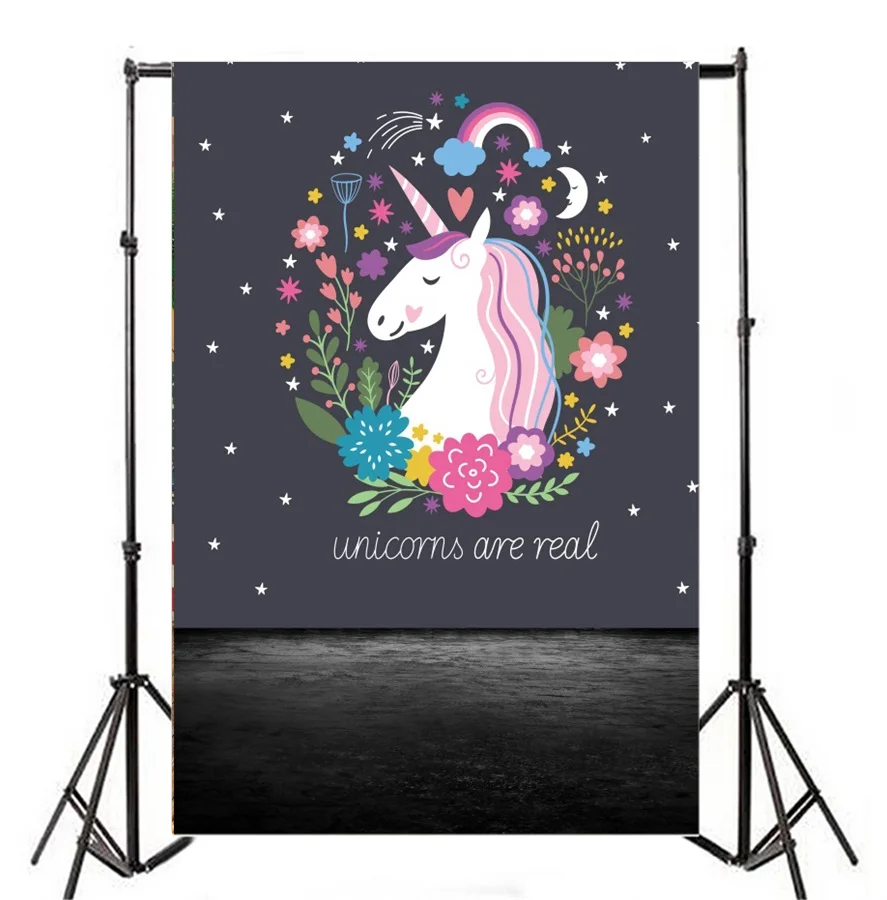 Laeacco Cute Flowers Unicorn Pattern Dark Floor Photography Backgrounds Vinyl Custom Photographic Backdrops For Photo Studio