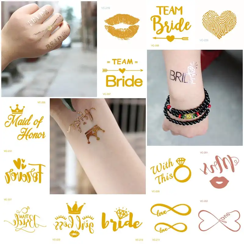 一時的な3d入れ墨のステッカーガール女性黄金の結婚式のステッカー祭チーム花嫁タトゥーゴールドタトゥーパーティーステッカー 消えるタトゥー Aliexpress