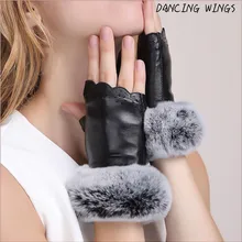 Фирменный дизайн,, настоящий мех кролика, варежки для женщин, натуральная кожа, перчатки на пол пальца, зимние, ручная работа