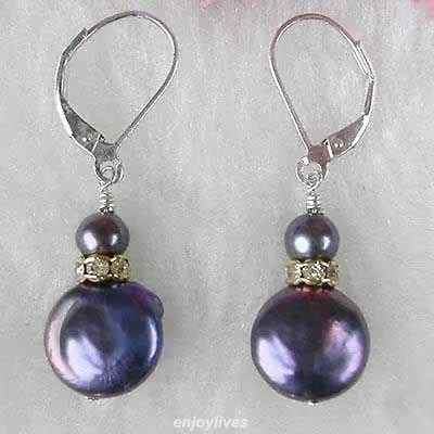 

Free shippingGenuine Black Button Coin Pearl 18KWGP Crystal Hook Earrings 6.10
