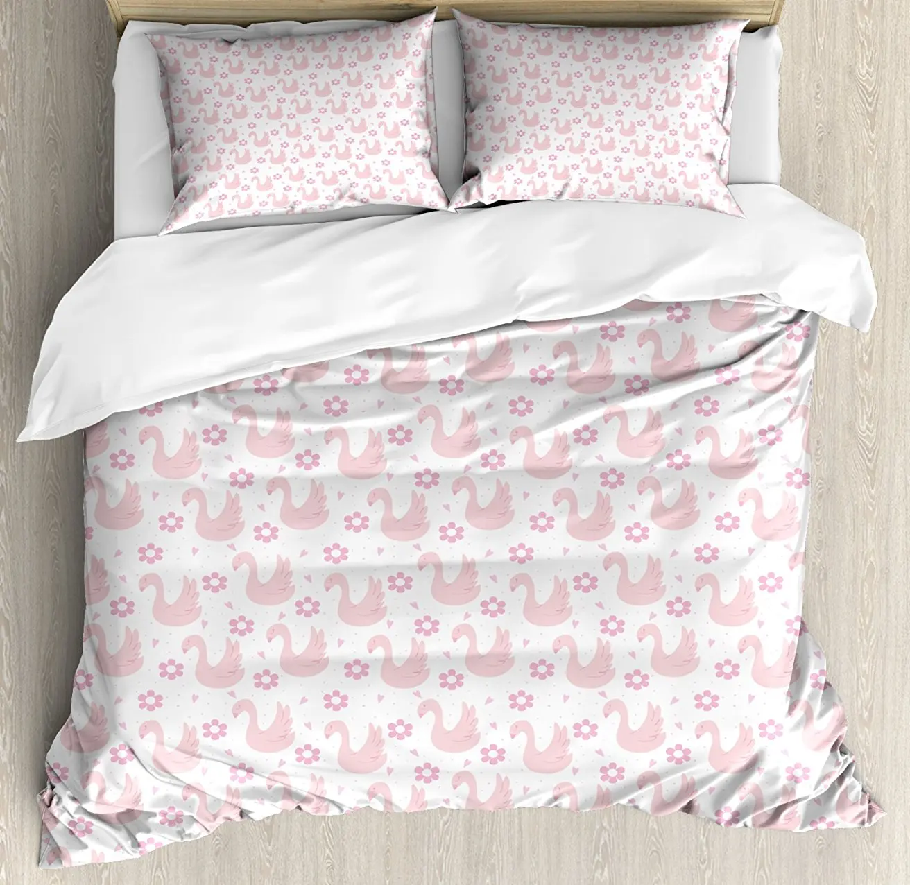 

Swan Duvet Cover Set Daisies and Little Hearts in Pink with Cute Sleeping Waterfowls Romantic 4 Piece Bedding Set