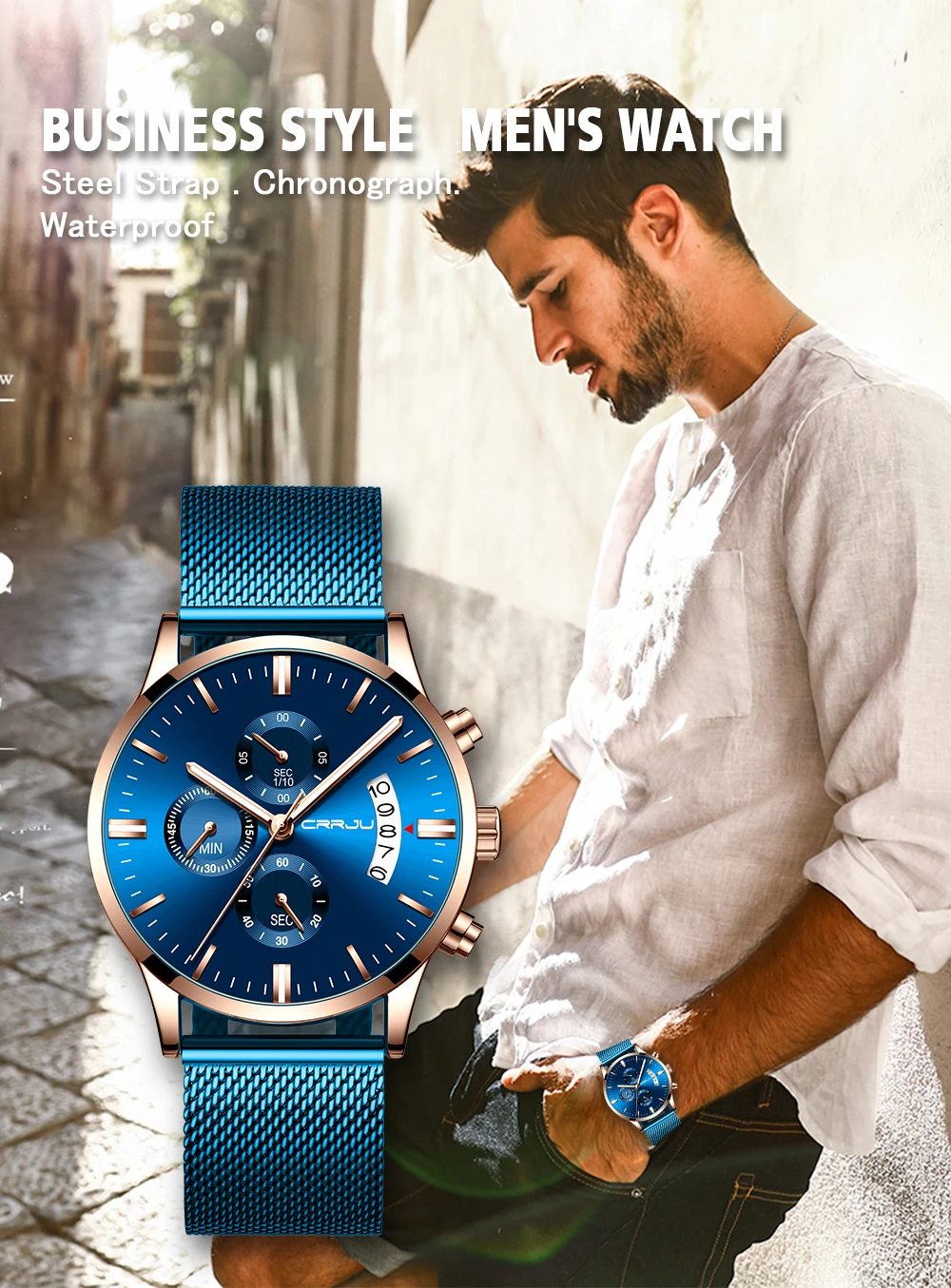 CRRJU новые мужские часы, мужские Модные брендовые роскошные часы из нержавеющей стали, синие кварцевые часы, мужские повседневные спортивные водонепроницаемые часы, Relojes