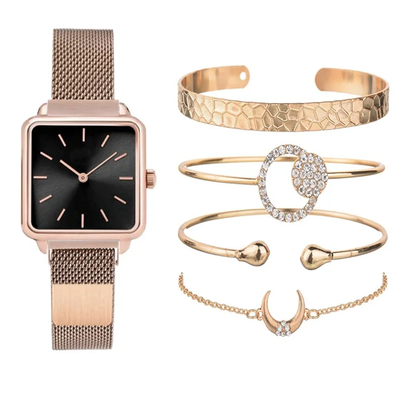 

Five-piece Women Watch Set Lady's Square Shell Magnet with Watch Tremble Korean Magnetism Watch