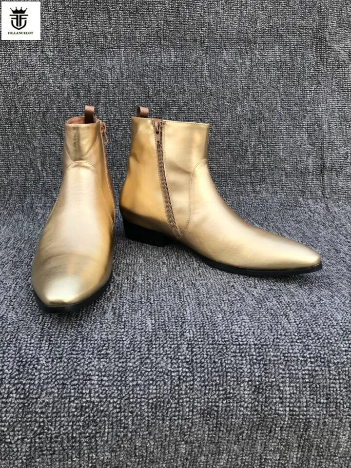 FR.LANCELOT 2018 fashion new pointed toe men real leather boots hot men zip up Chelsea boots gold leather booties