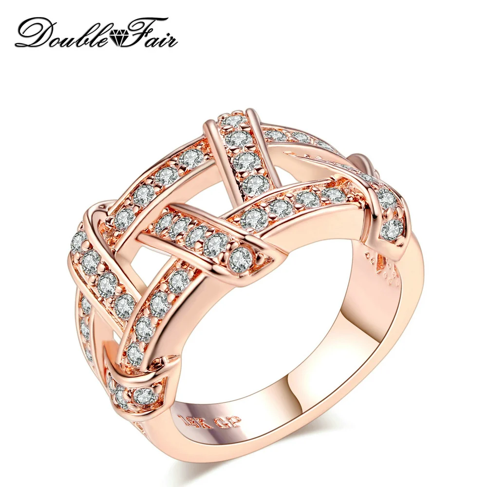 Double Fair Brand Anti Allergy Crystal Ring Silver/Rose Gold Color Fashion Brand Party Jewelry For Women Wholesale DFR284 DFR285