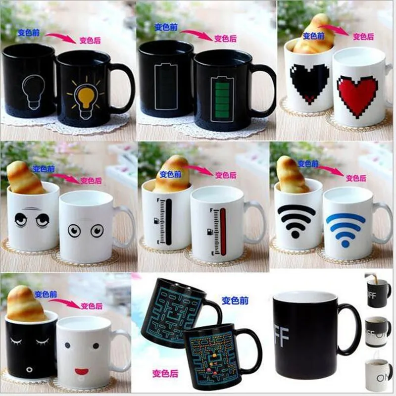 

Promotion! 12 styles Color Changing Coffee Mug Heat Senstive Magic Mug Battery light bulb Creative morning fasting Mug