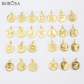 

BOROSA 20PCS Round Gold Color 15mm Brass CZ Micro Pave 26 Letter Pendant Beads for Necklace for Bracelet Jewelry WX1071
