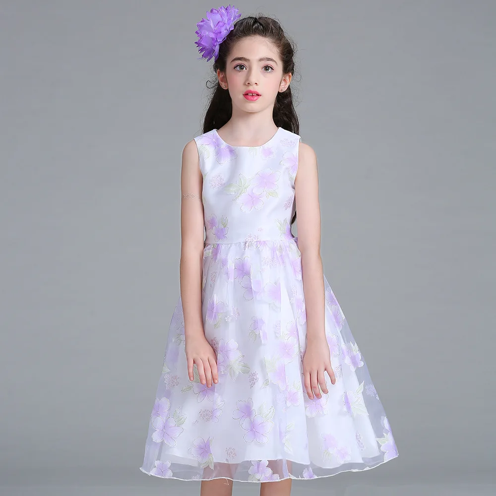 

Children Knee Length Flower Girl Gowns White and Lavender Summer Floral Dress Princess Organza A Line Wedding Dresses with Sash