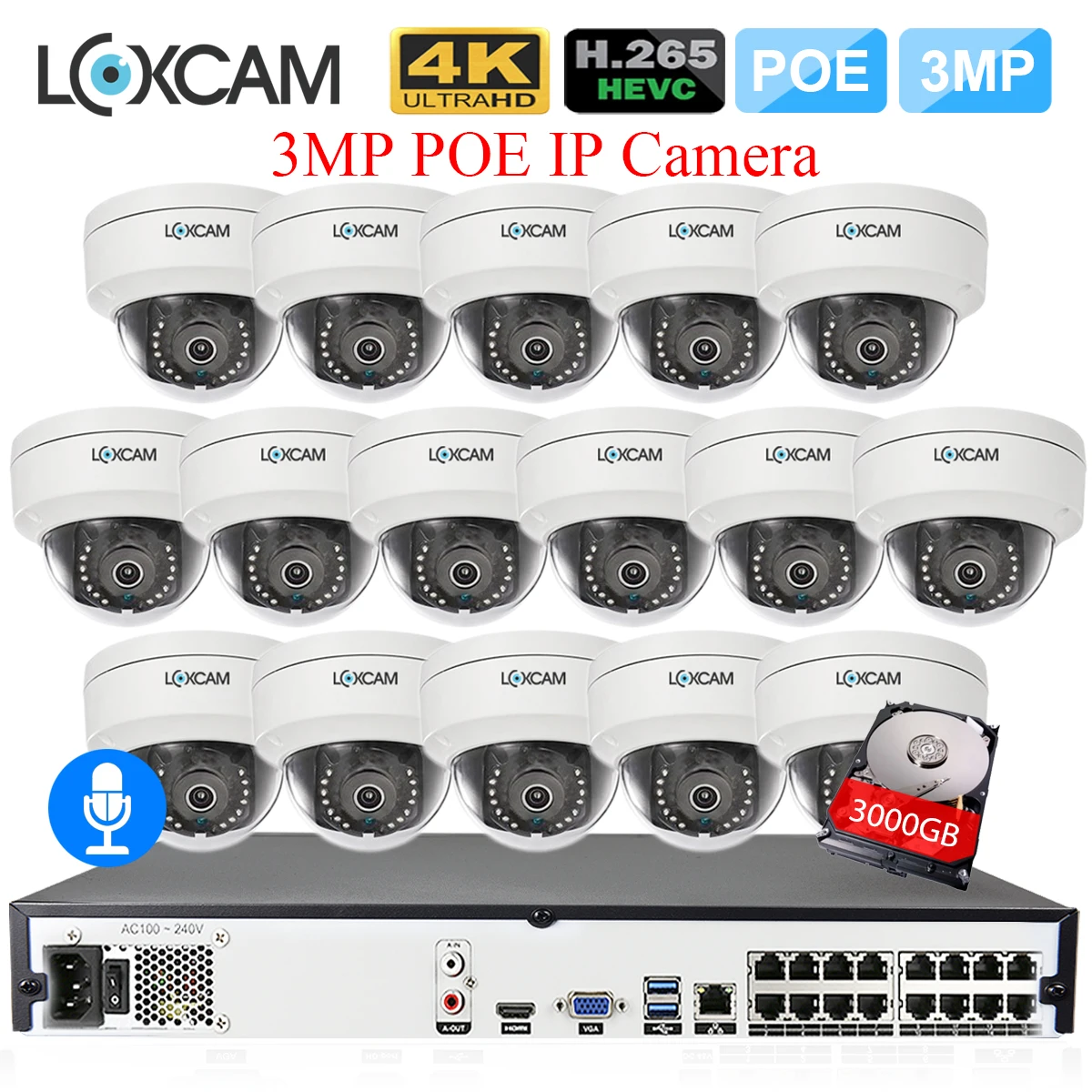LOXCAM H.265 16CH 5MP POE система NVR 48 В 3MP аудио запись Антивандальная безопасность ip-камера