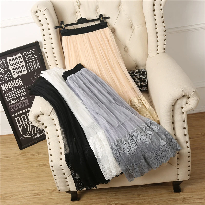 

Spring Summer Women Lace Pleated Skirts Fashion Casual Mesh skirt Hollow Out Elegant Patchwork A-Line Black White long Skirt 177