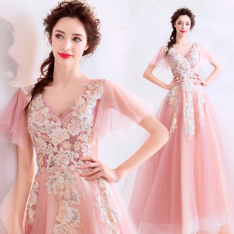 Элегантное розовое платье феи с v-образным вырезом и аппликацией для выпускного вечера, Новое поступление, Длинные вечерние платья с